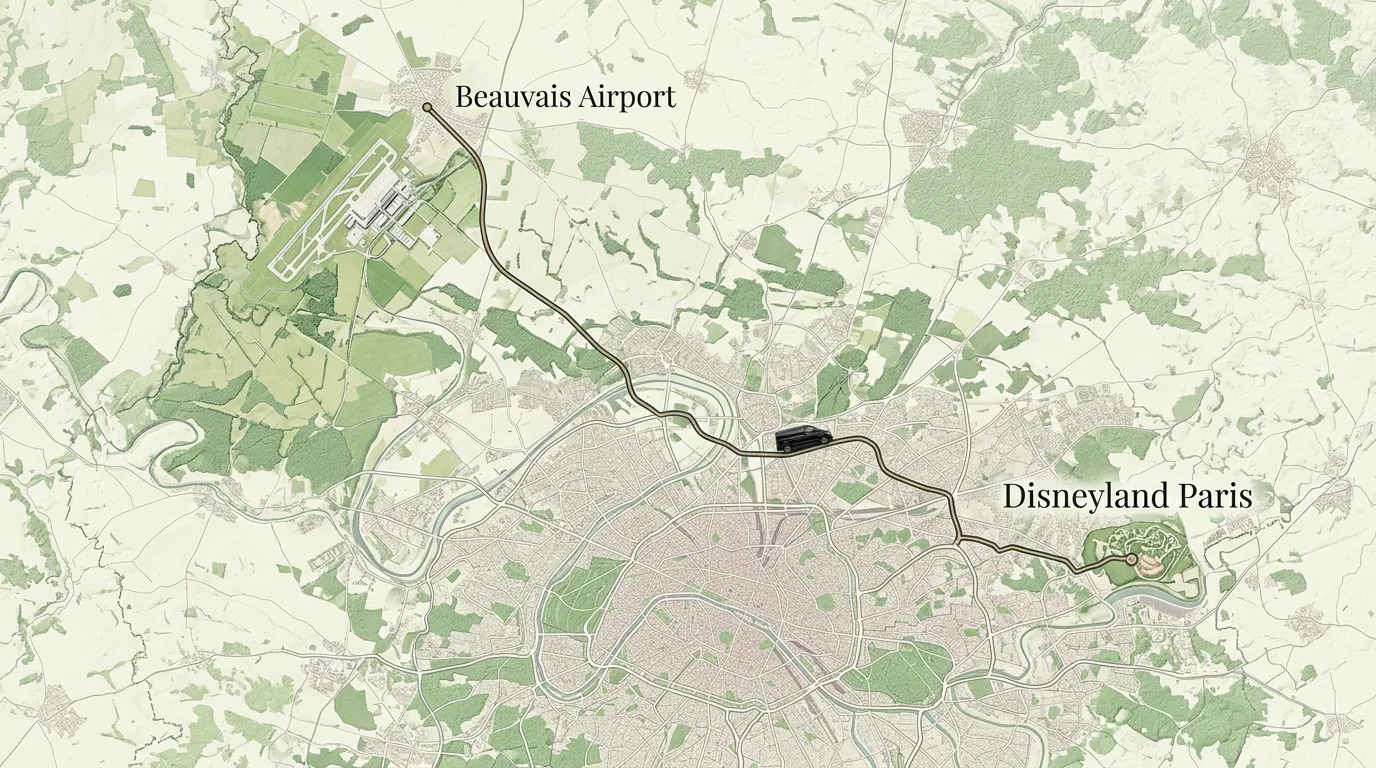 Private transfer route from Beauvais Airport to Disneyland Paris
