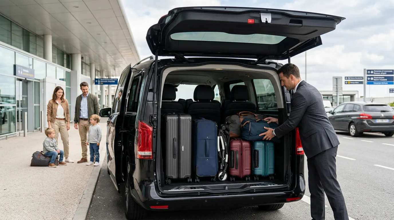 Family luggage and folded pushchair loaded into a private transfer at Beauvais Airport
