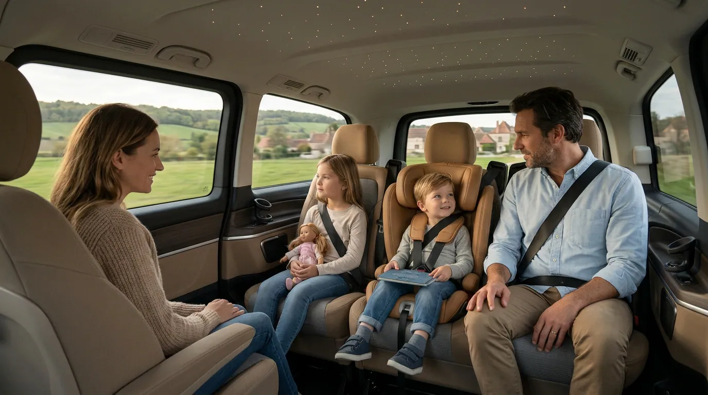 Family relaxing in a private van with starlight ceiling during a Beauvais to Disneyland Paris transfer