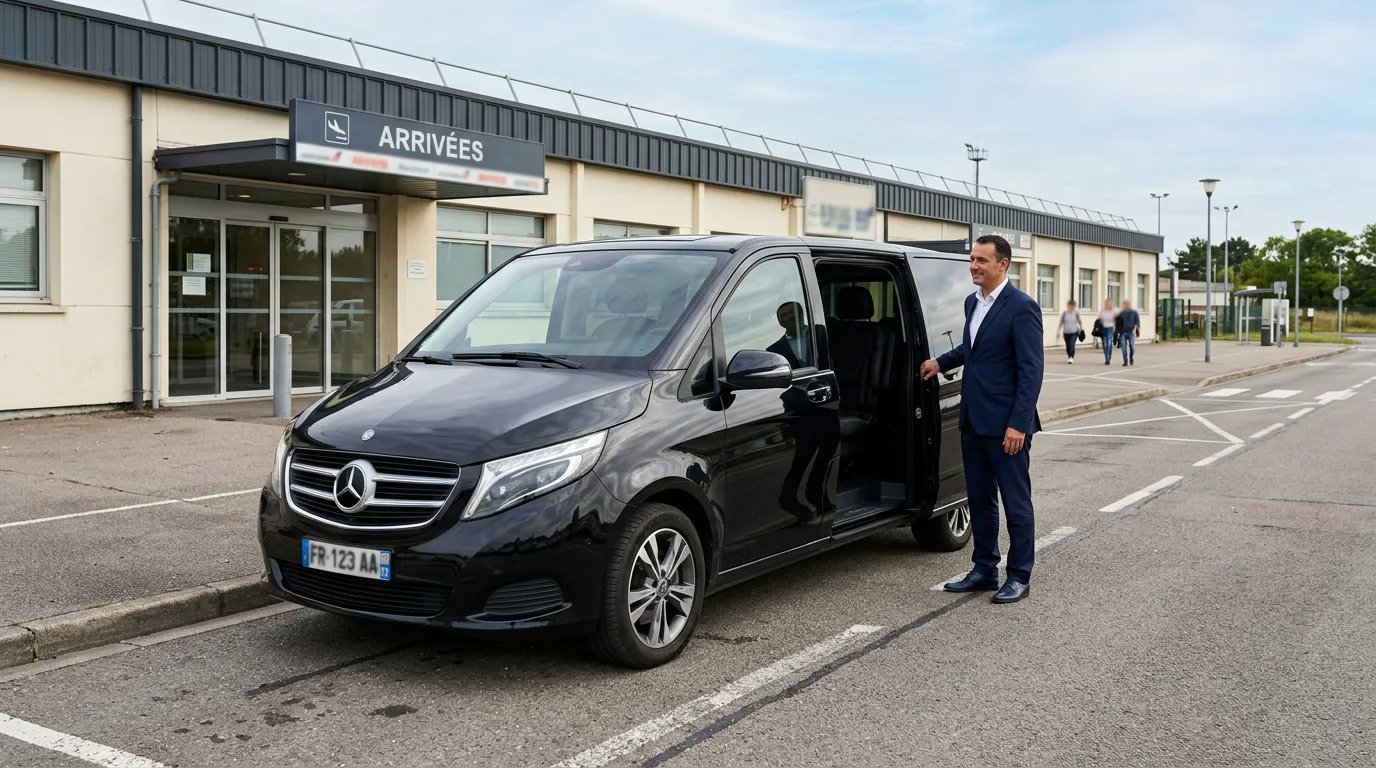 Private chauffeur waiting beside a premium van at Beauvais-Tillé Airport arrivals