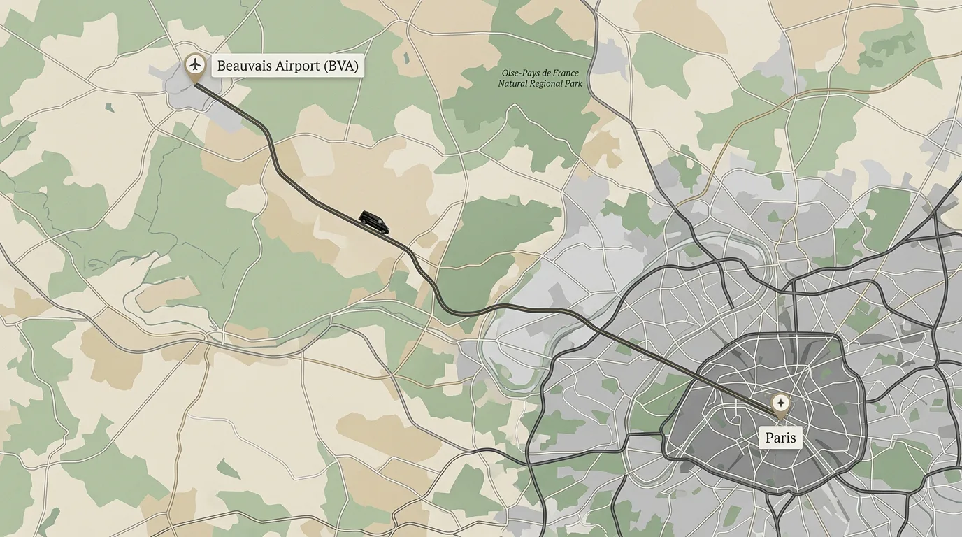 Illustrated private transfer route from Paris Beauvais Airport to central Paris