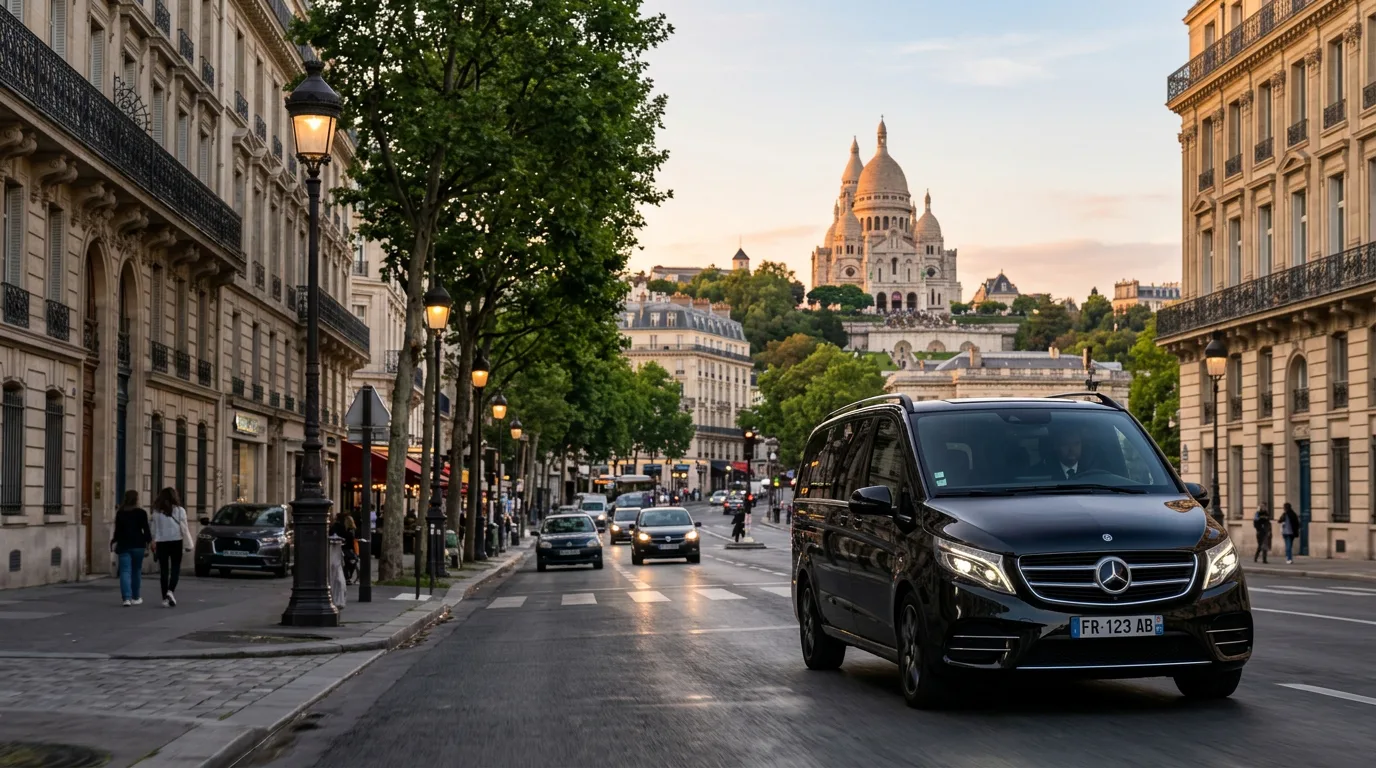Private chauffeur vehicle arriving in Paris near Montmartre after a Beauvais Airport transfer