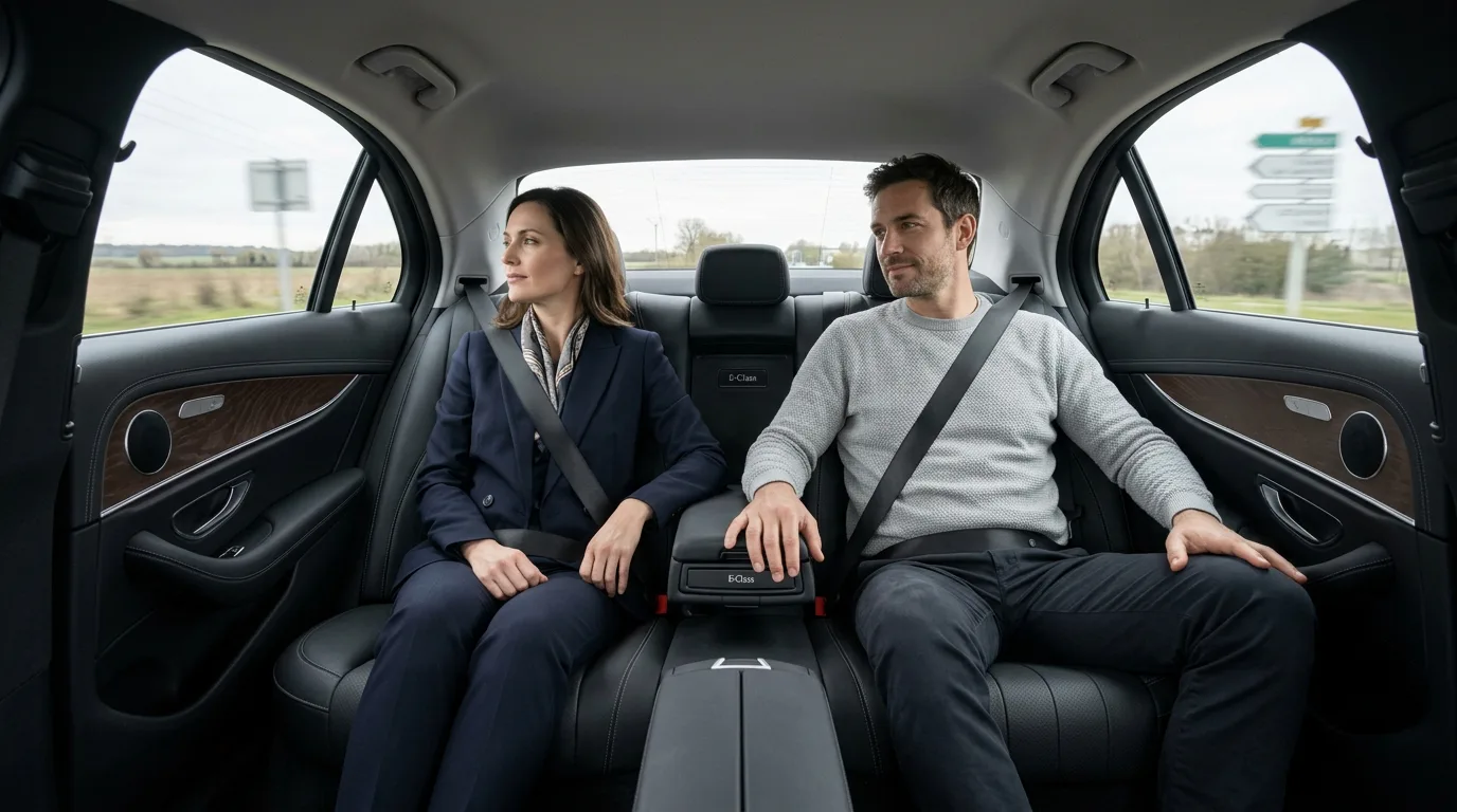 Passengers relaxing in a private chauffeur vehicle during a Beauvais to Paris transfer