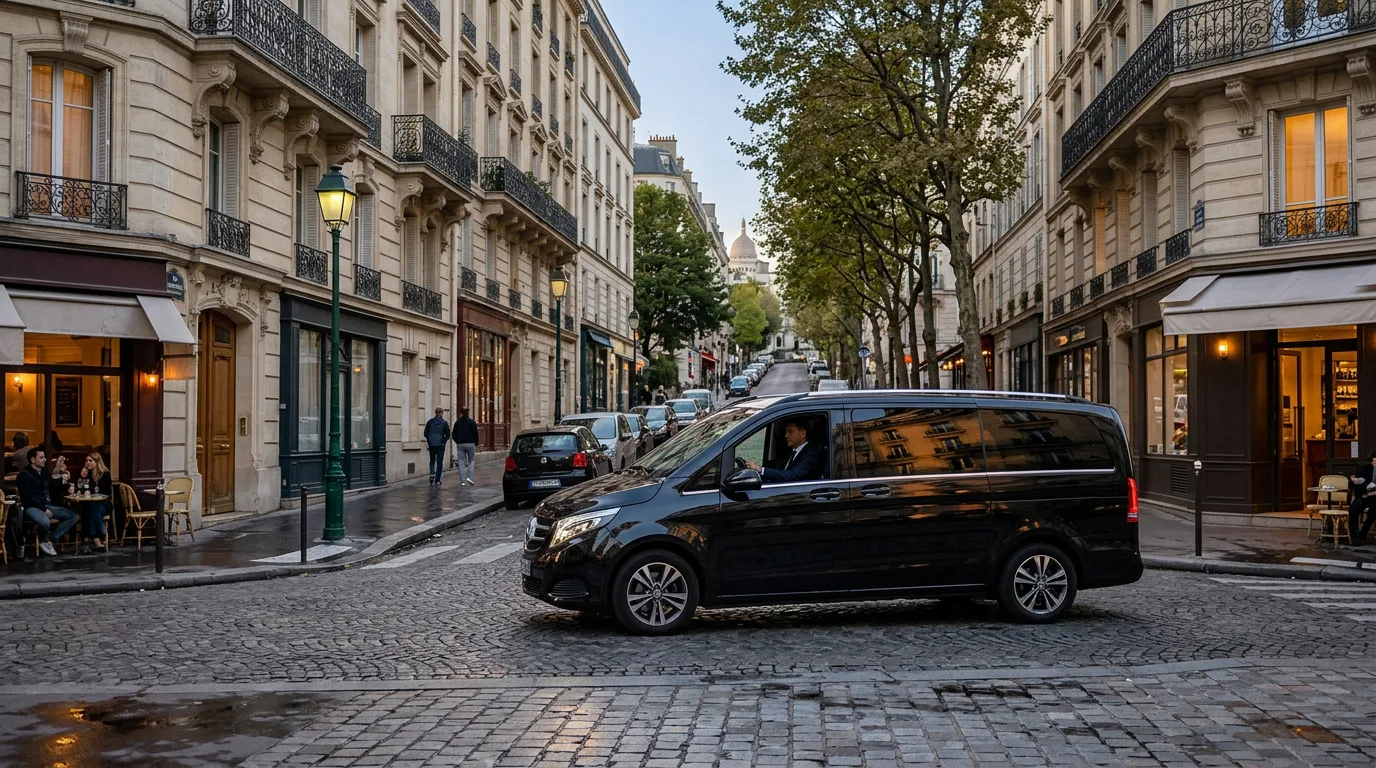 Private chauffeur vehicle arriving near Montmartre in Paris from Beauvais Airport