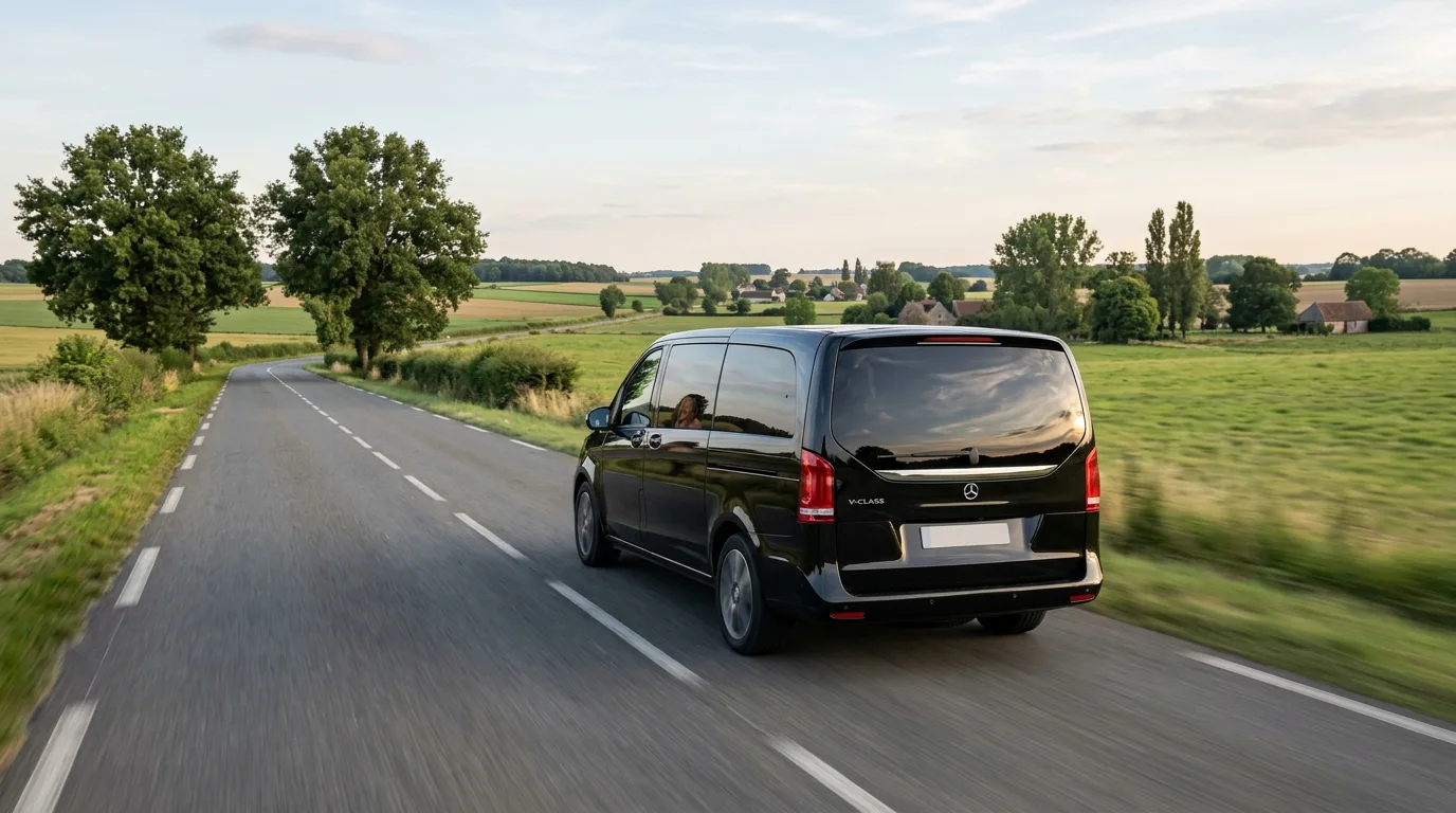 Private chauffeur van travelling through the countryside from Beauvais Airport to Paris