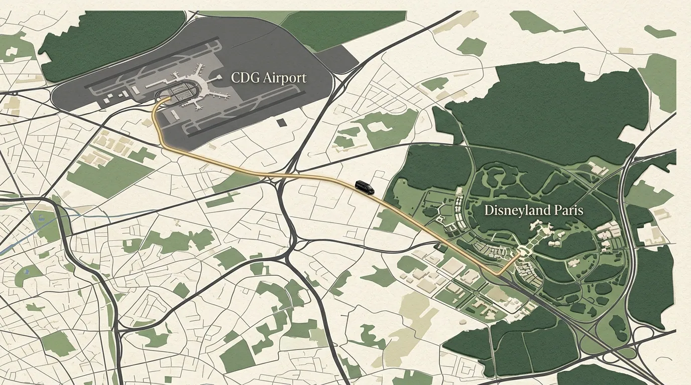Private transfer route from CDG Airport to Disneyland Paris
