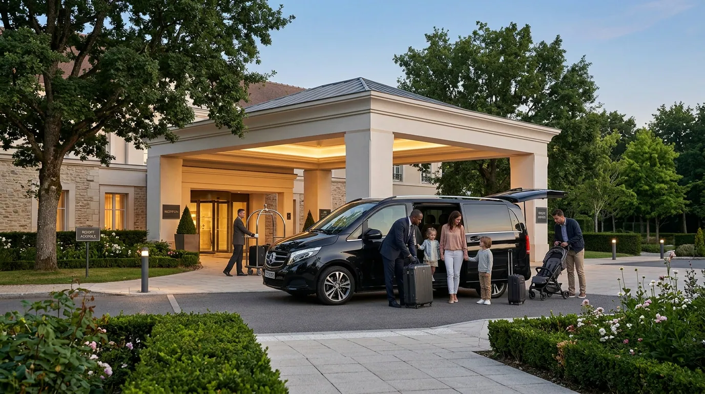 Private chauffeur drop-off for a family at a Disneyland Paris area hotel