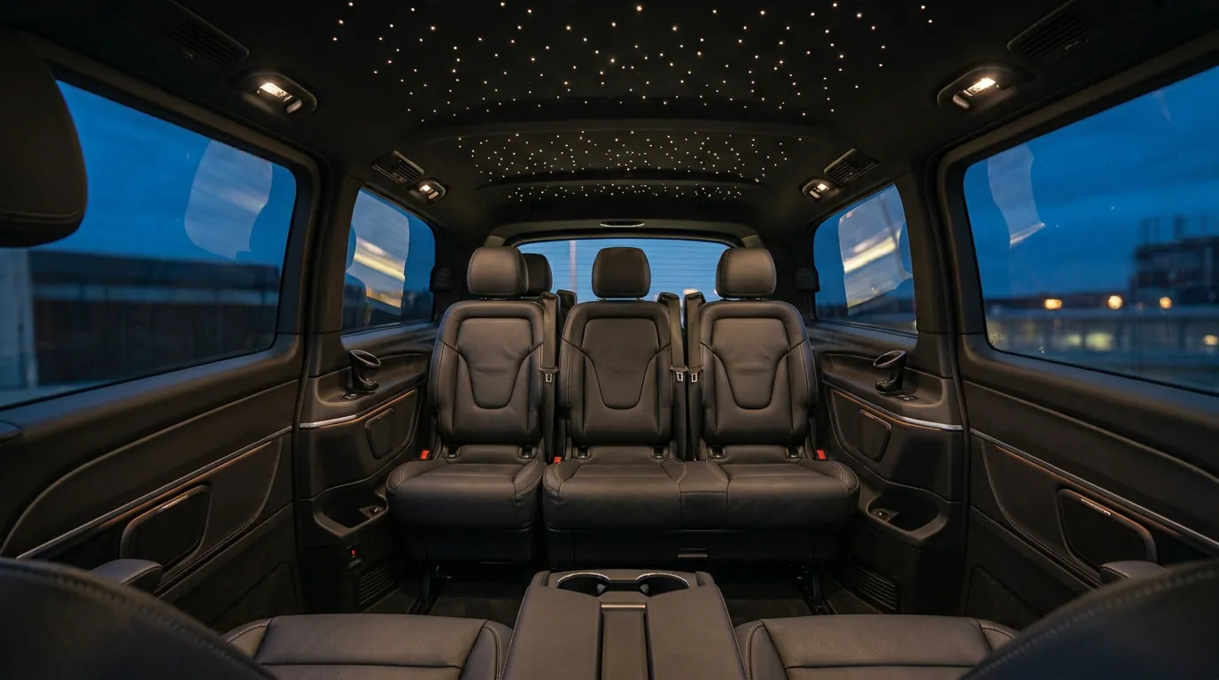 Luxury van interior with starlight ceiling for a CDG to Disneyland Paris transfer