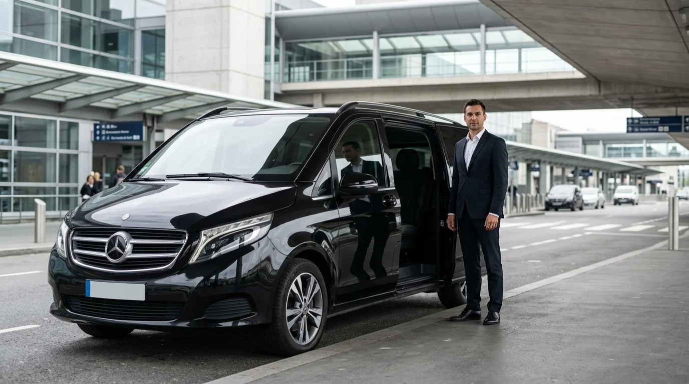 Private chauffeur waiting beside a premium van at Charles de Gaulle Airport