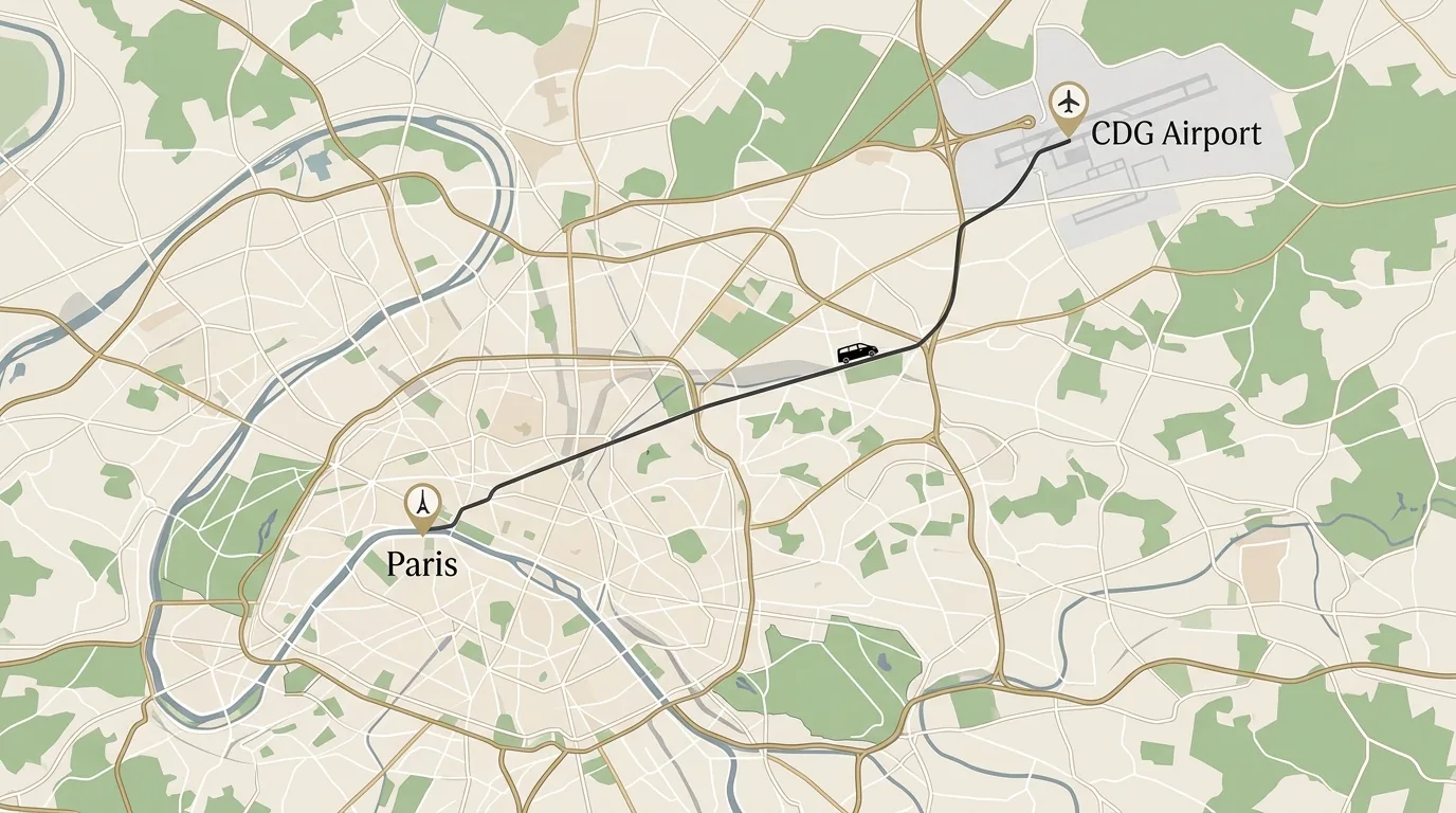 Map of the private transfer route from Charles de Gaulle Airport to Paris