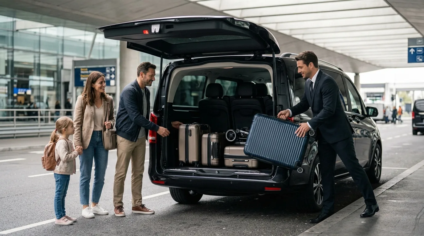 Family loading luggage into a private chauffeur van at Charles de Gaulle Airport