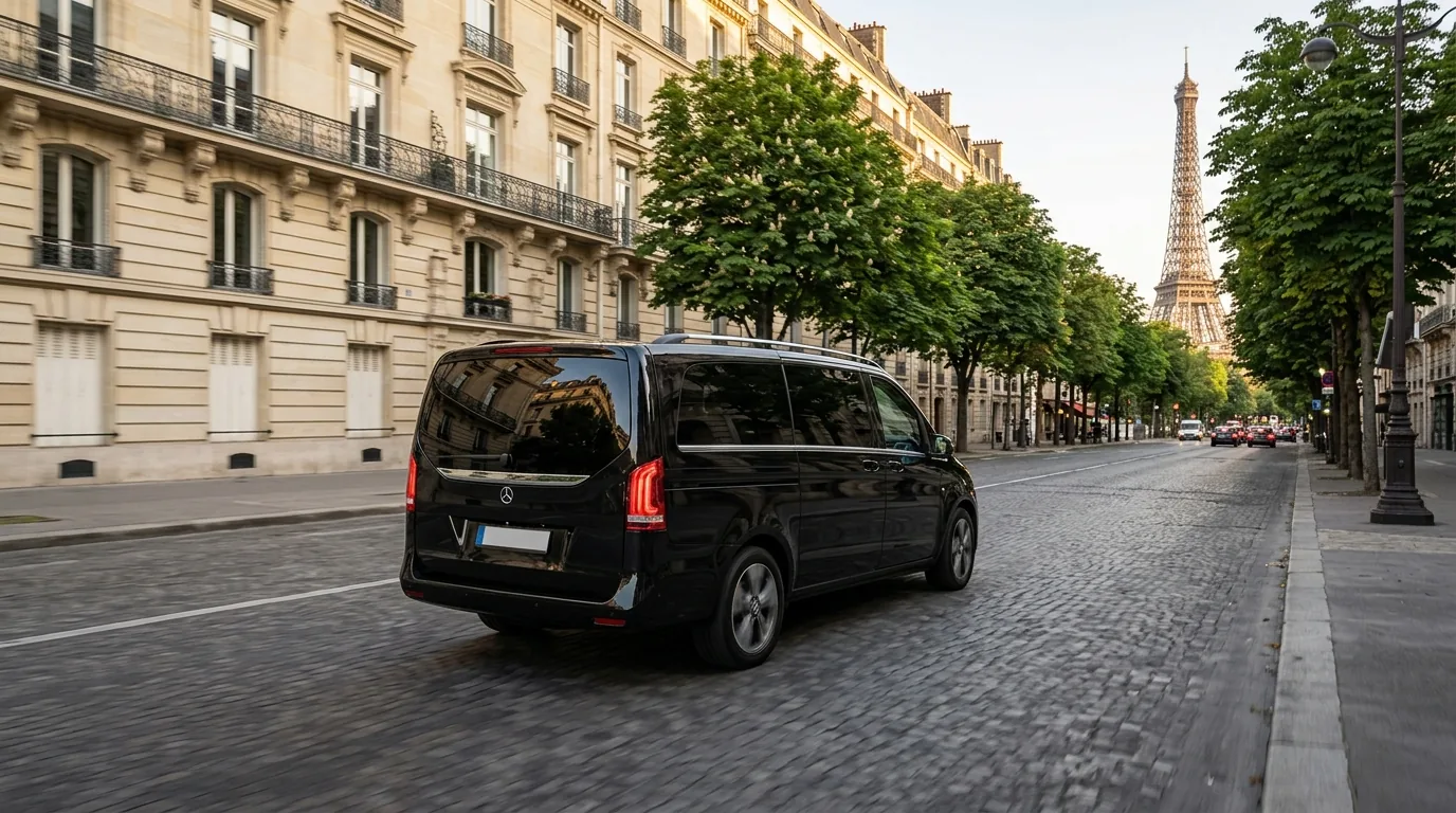 Private chauffeur vehicle arriving in Paris near the Eiffel Tower