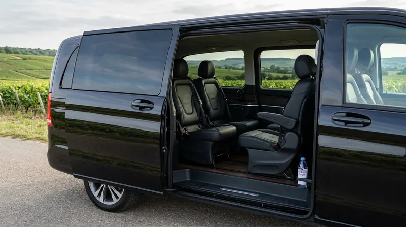 Premium private chauffeur vehicle overlooking Champagne vineyards