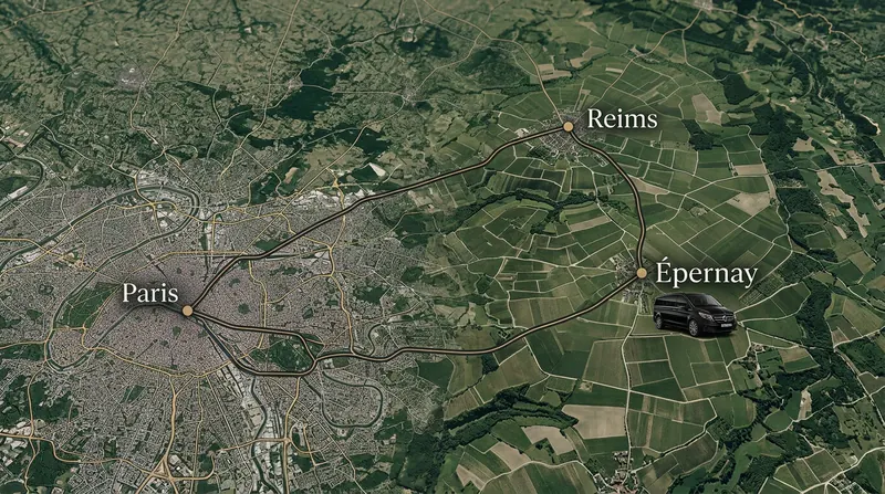 Private chauffeur route map from Paris to Reims and Épernay in Champagne