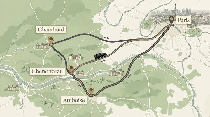 Example private chauffeur route from Paris to Chambord, Chenonceau and Amboise