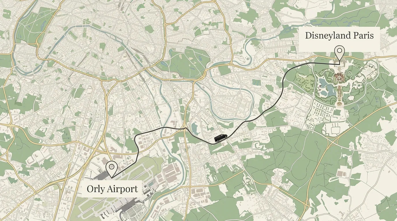 Private transfer route from Orly Airport to Disneyland Paris