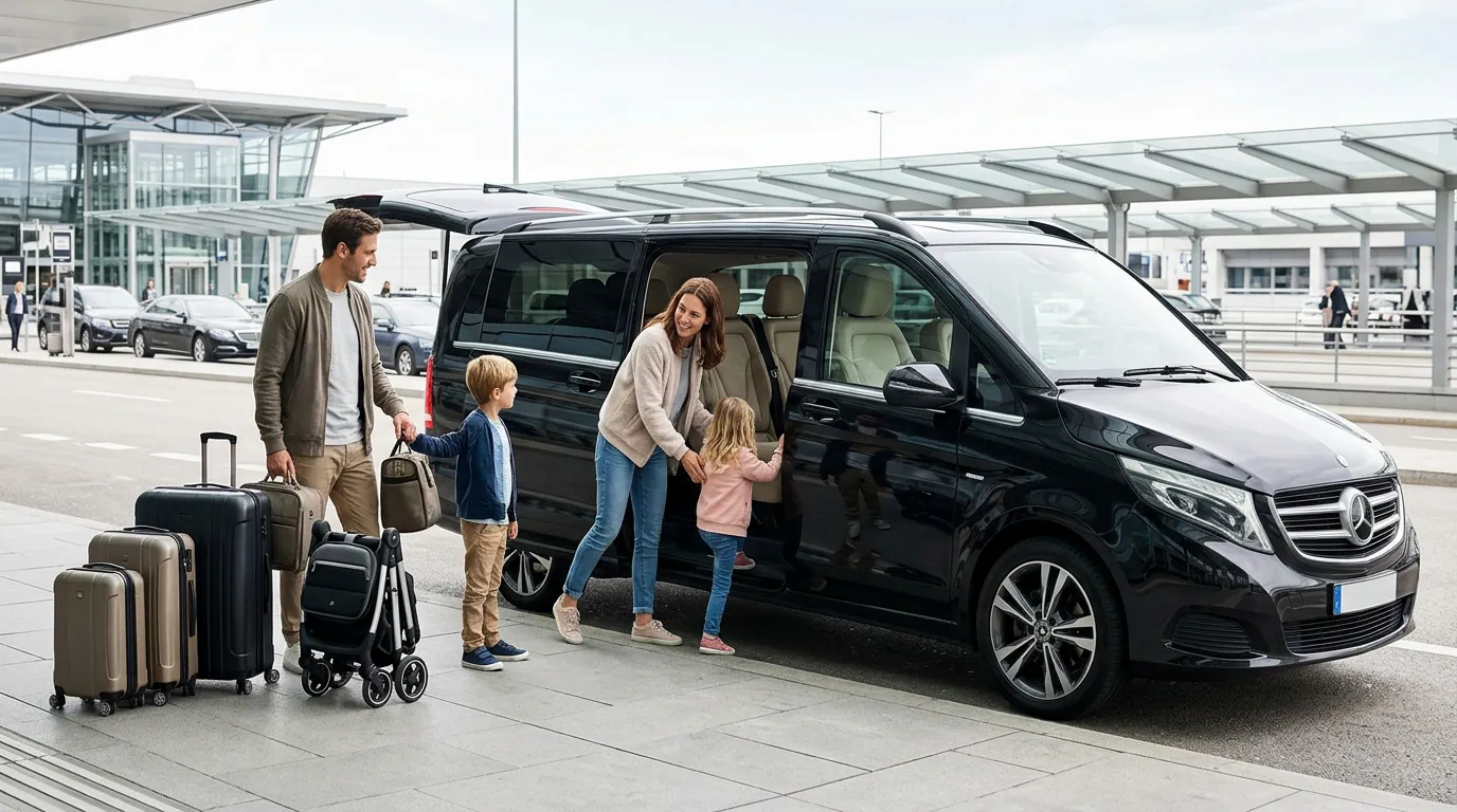 Family with luggage and folded pushchair boarding a private transfer at Orly Airport
