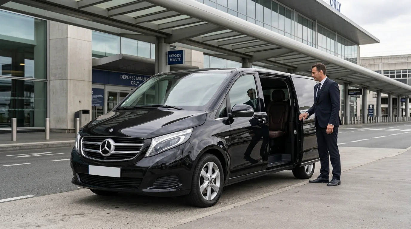 Private chauffeur waiting beside a premium van at Paris Orly Airport