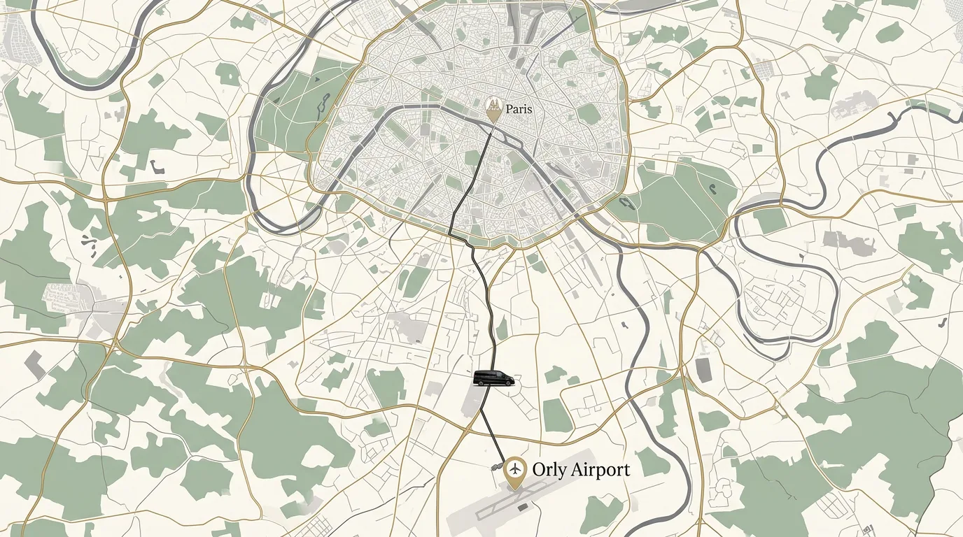 Illustrated private transfer route from Paris Orly Airport to central Paris
