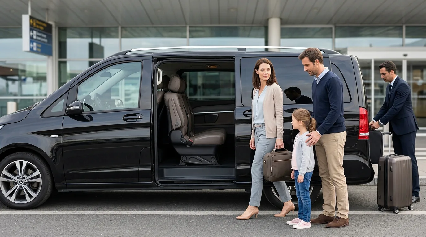 Family with luggage boarding a private chauffeur van at Paris Orly Airport