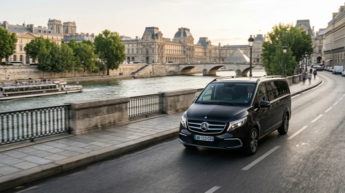 Private chauffeur transfer from Orly Airport into Paris beside the Seine and Louvre
