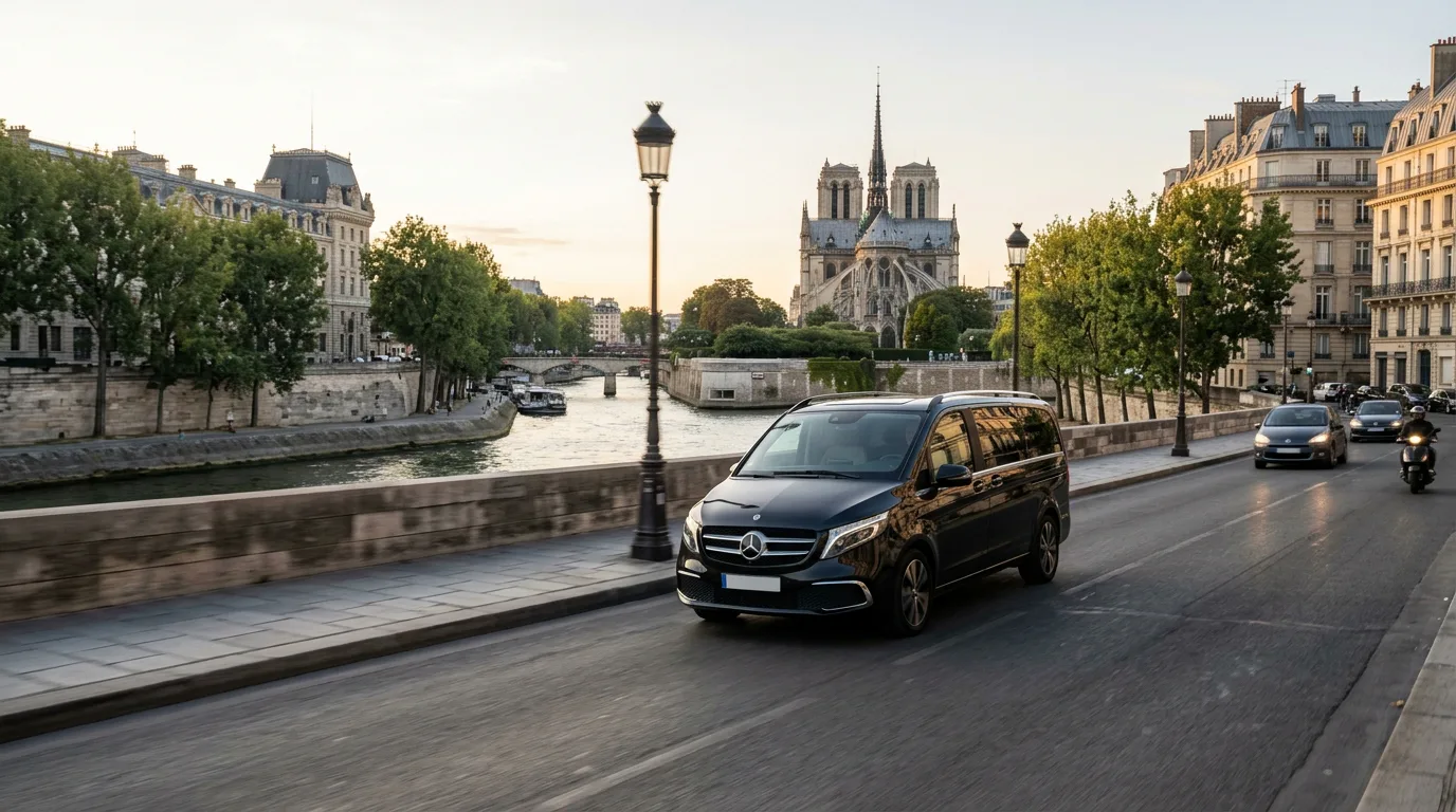 Private chauffeur vehicle arriving in Paris from Orly Airport beside the Seine
