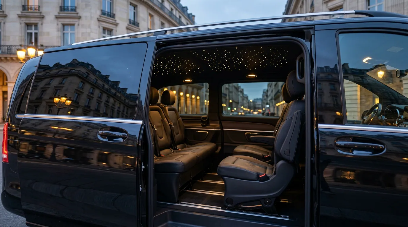 Luxury private van with starlight ceiling for a Paris to Disneyland transfer