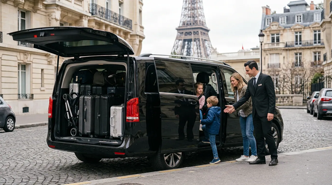 Family boarding a private van with luggage for a Paris to Disneyland transfer
