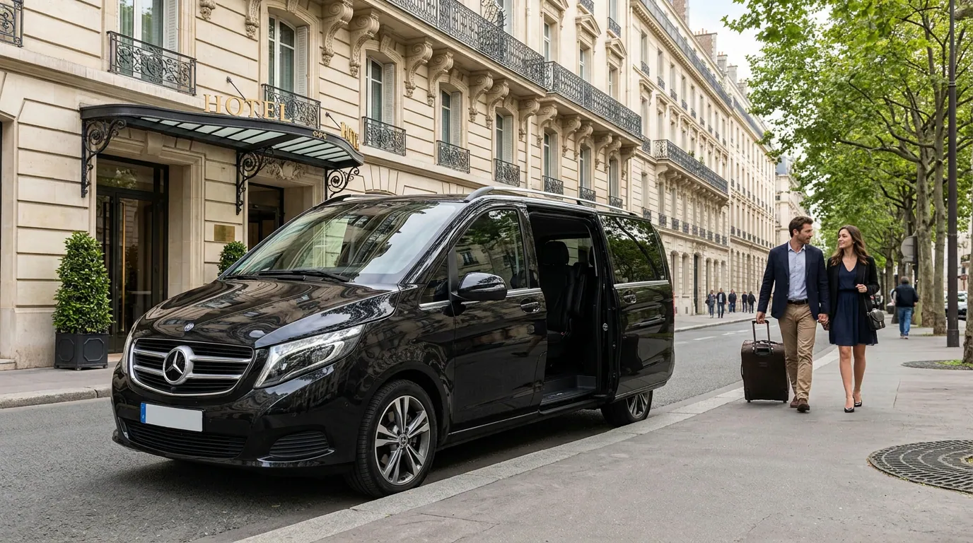 Private chauffeur and luxury van collecting passengers from a Paris hotel