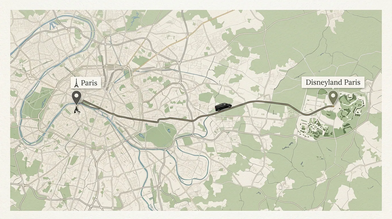 Private transfer route from a Paris address to Disneyland Paris